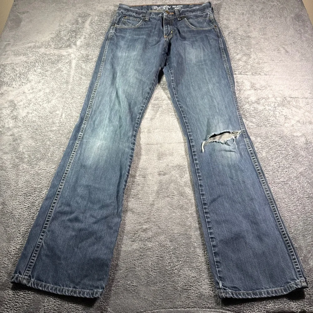 Wrangler Retro Relaxed Bootcut Jeans Mens 29x34 Blue Distressed WRT20WB Denim